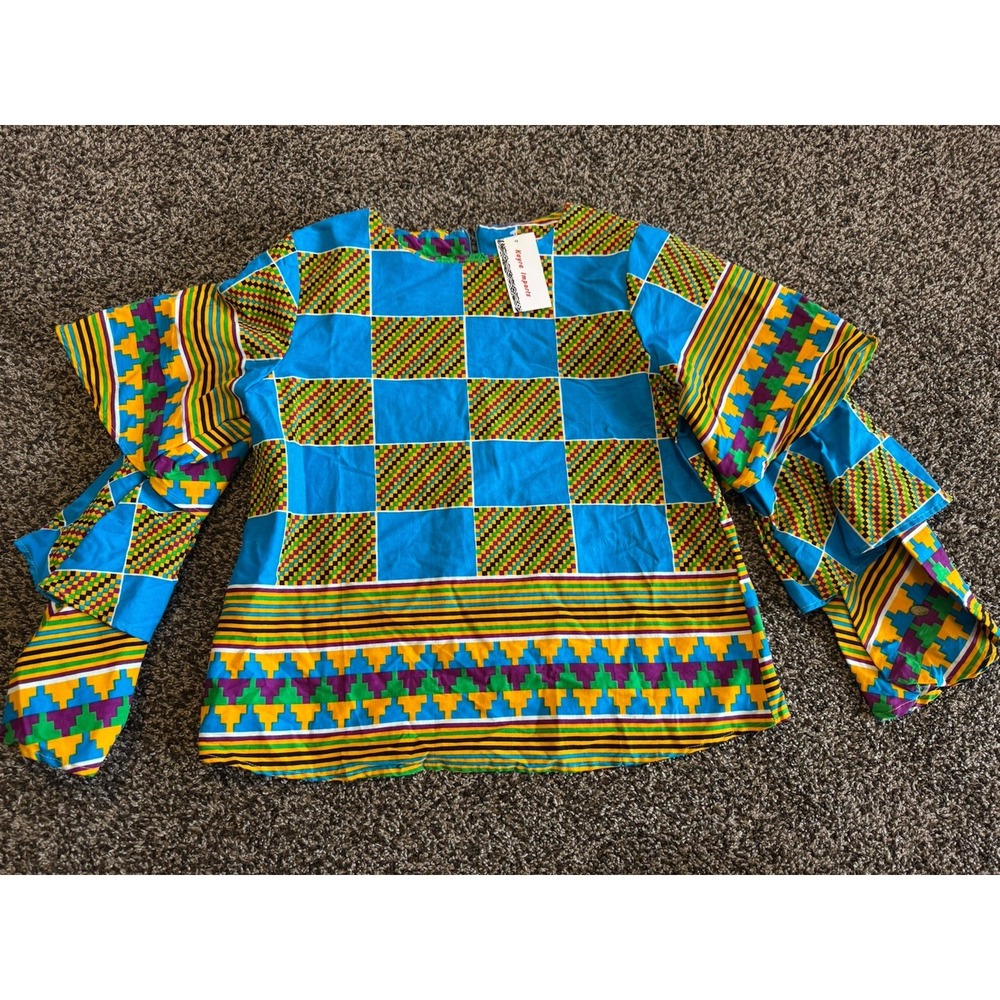 Kayra Imports African Wax Print Shirt Womens S Blue Kente Ankara Cotton Blouse